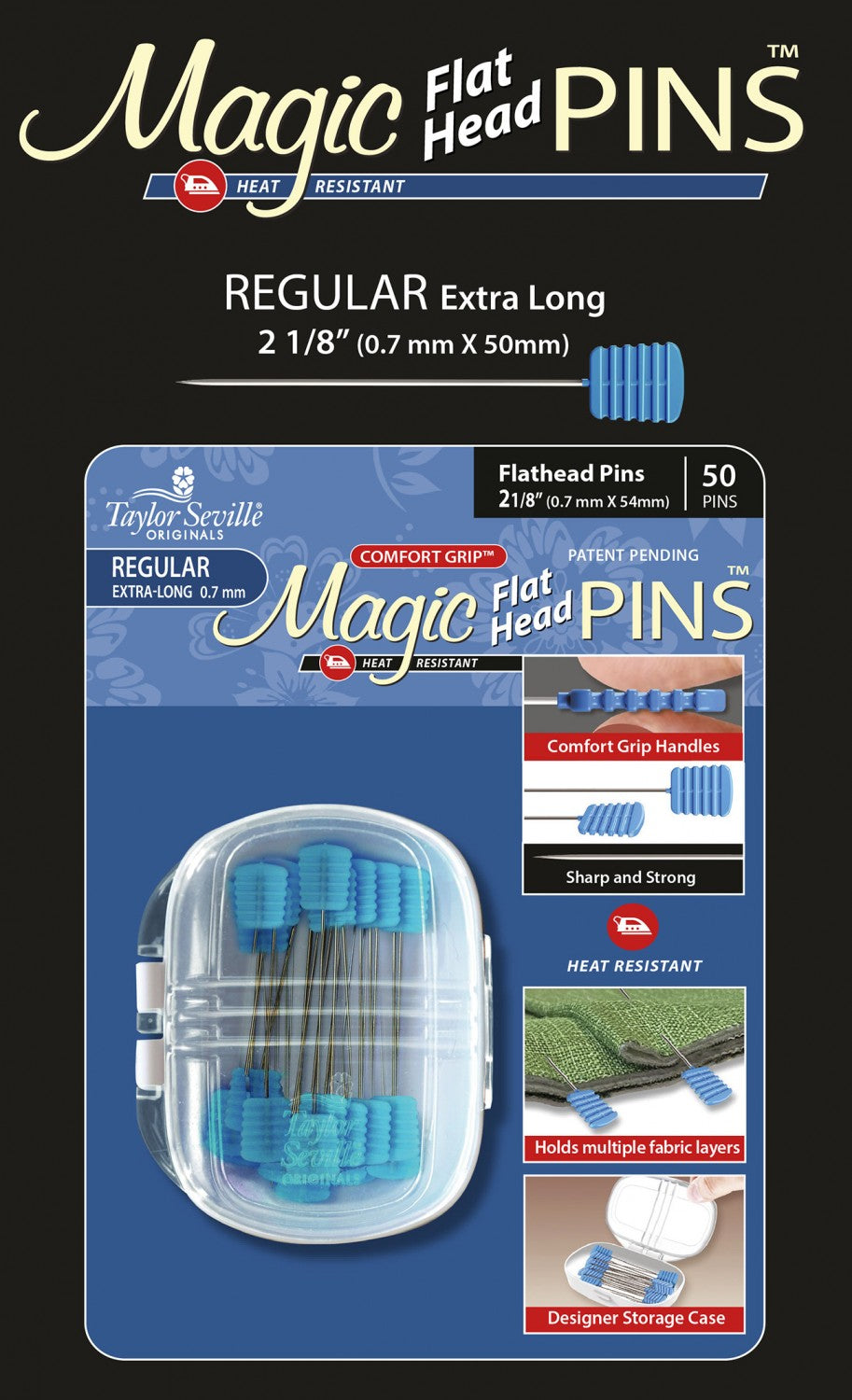 Taylor Seville Magic Pins - Flat Head Regular-Blue 50/PKG